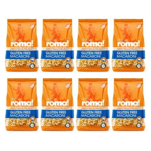Each carton of Pasta Roma Gluten Free Macaroni contains 8 individual 350g bags of gluten free pasta curls.
