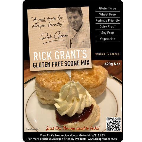 Rick Grants Gluten Free Scone Mix that is also Wheat Free, Dairy Free, Soy Free, FODMAP Friendly and Vegetarian. This mix makes 8-10 Scones and is sold at GF Pantry.