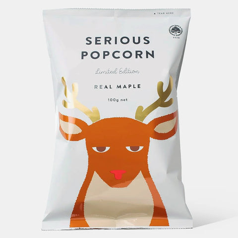 Serious Popcorn Limited Edition Real Maple Popcorn in foil bag.