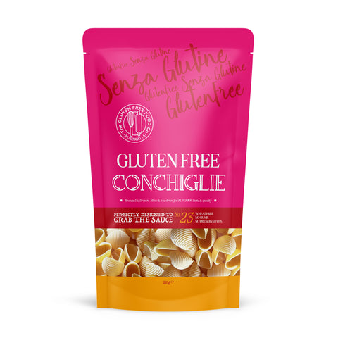 The Gluten Free Food Co. Gluten Free Conchiglie in pink and orange plastic stand up pouch.