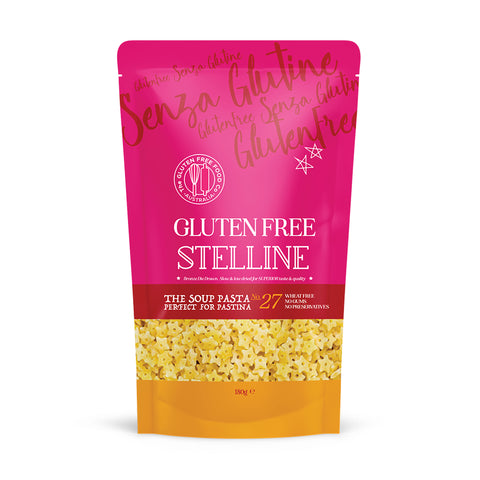 The Gluten Free Food Co. Gluten Free Stelline Pastina in pink and orange plastic stand-up pouch.