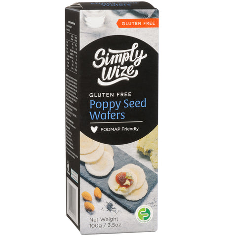 One box of Simply Wize Gluten Free Poppy Seed Wafers.