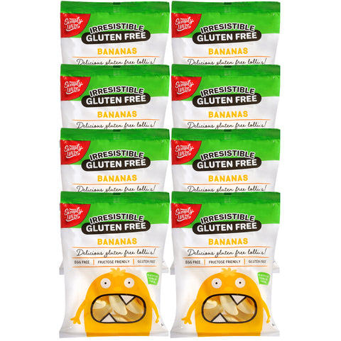 8 bags of Simply Wize Irresistible Gluten Free Bananas Lollies that are egg free, fructose friendly and no gluten.