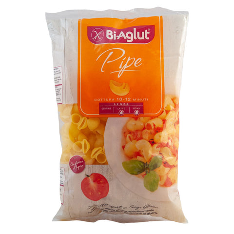Bag of BiAglut Pipe Shell Pasta. This is a premium gluten free pasta that cooks and tastes just like wheat pasta. Also egg free, dairy free and coeliac safe.
