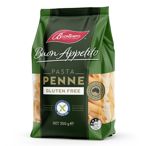 Image of front and left side of bag of BuonTempo Gluten Free Pasta Penne.