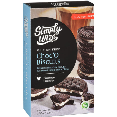 One box of Simply Wize Gluten Free Choc'O Biscuits have a soft vanilla creme filling, sandwiched between two rich chocolate biscuits.