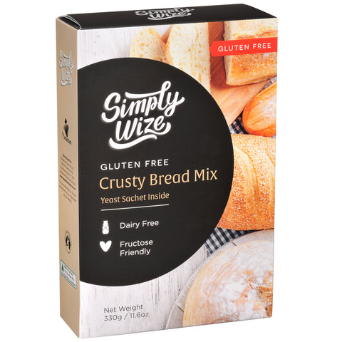 Picture of one box of Simply Wize Gluten Free Crusty Bread Mix. This mis is also dairy free and fructose friendly.