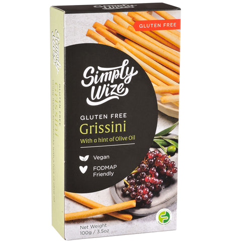 One box of Simply Wize Gluten Free Grissini - crispy Italian breadsticks with a hint of Olive Oil.
