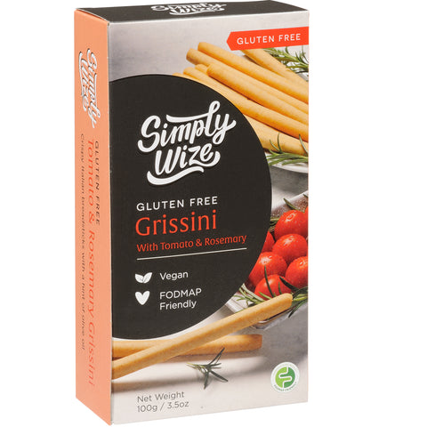 One box of Simply Wize Gluten Free Grissini - crispy Italian breadsticks with a hint of Olive Oil, Tomato and Rosemary.