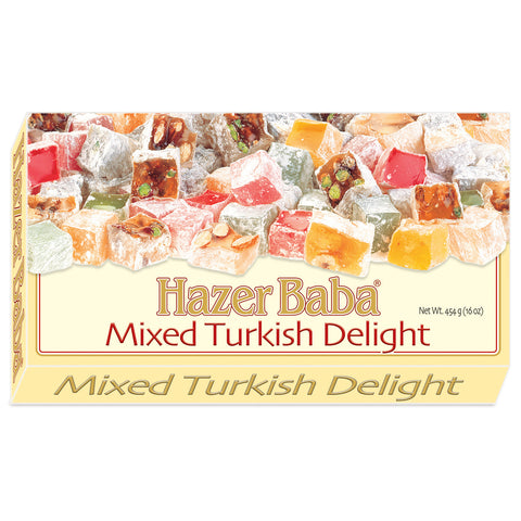 HazerBaba large box of assorted high quality Turkish Delight, flavoured with Mint, Rose and Lemon and mixed with Hazelnut, Pistachio and Almond.