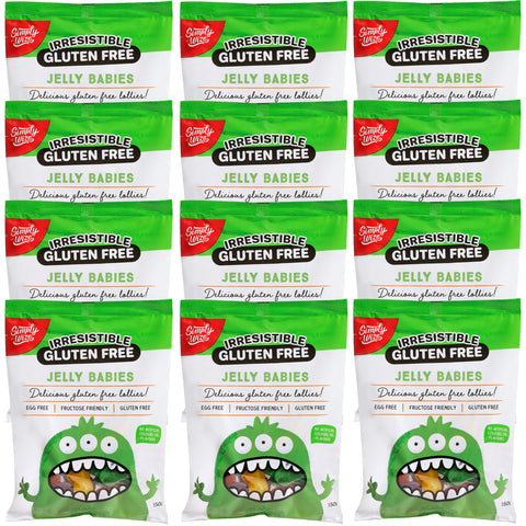 12 bags of Simply Wize Irresistible Gluten Free Jelly Babies. Delicious, soft and chewy GF lollies that are also egg free, fructose friendly and coeliac safe.