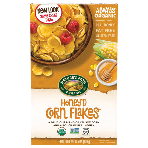 One box of Nature's Path Organic Gluten Free Honey'd Corn Flakes, breakfast cereal.