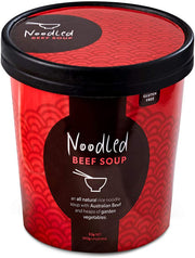 Red with black accents cardboard cup with lid. Noodled logo of a bowl with chopsticks printed on lid and on face of cup. Product type is printed on front; Beef Soup, along with statement about product being made with rice noodles and Australian Beef and garden vegetables. Gulten Free claim is printed on the rim of the cup.