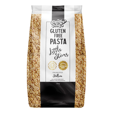 Plantasy Foods Gluten Free Pasta LIttle Stars in clear plastic pouch.