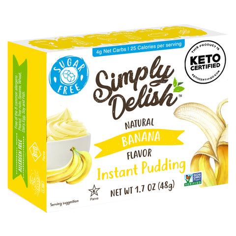 One box of Simply Delish Natural Banana Flavour Instant Pudding. Allergen free and Vegan instant custard.