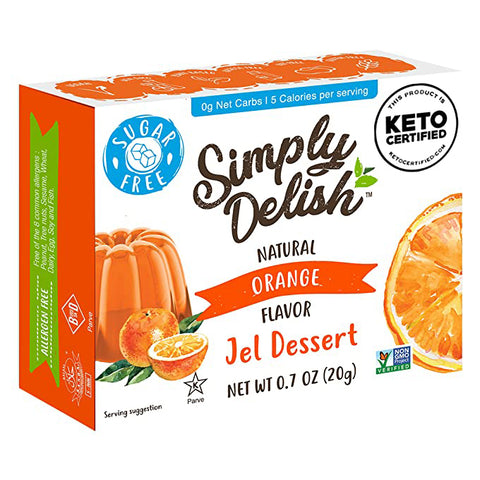One box of Simply Delish Natural Orange Flavour Jel Dessert. Gluten Free jelly that is all natural, non-gmo and vegan.