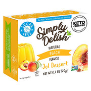 One box of Simply Delish Natural Peach Flavour Jel Dessert. Gluten Free jelly that is all natural, non-gmo and vegan.