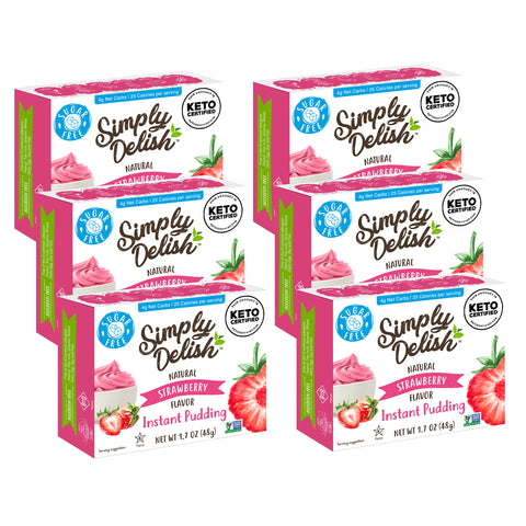 12 boxes of Simply Delish Natural Strawberry Flavour Instant Pudding. Gluten free custard that is also vegan and sugar free.