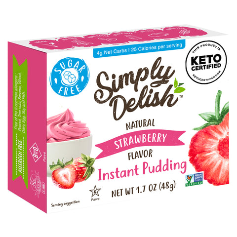 One box of Simply Delish Natural Strawberry Flavour Instant Pudding. Gluten free custard that is also vegan and sugar free.
