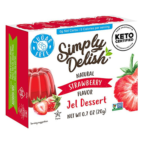 One box of Simply Delish Natural Strawberry Flavour Jel Dessert. This gluten free jelly is also Vegan and Sugar Free.