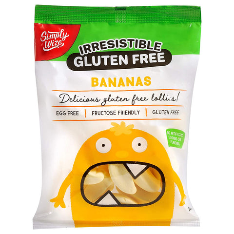 Bag of Simply Wize Irresistible Gluten Free Bananas Lollies that are egg free, fructose friendly and no gluten.