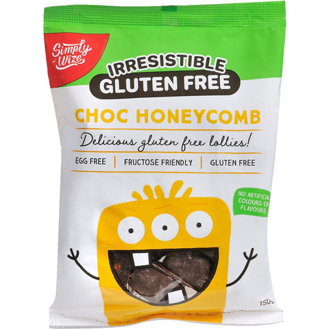 Bag of Simply Wize Irresistible Gluten Free Choc Honeycomb that is also egg free and fructose friendly.