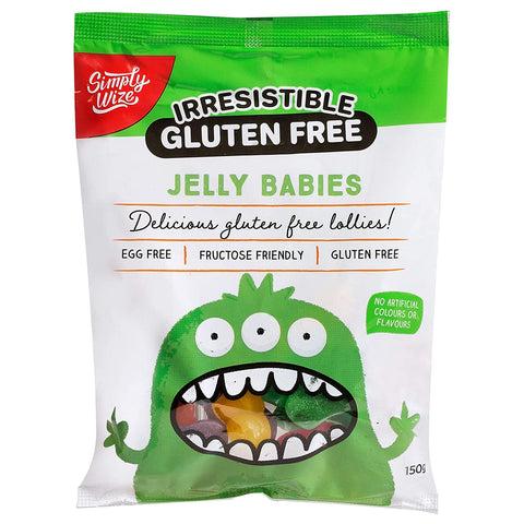 One bag of Simply Wize Irresistible Gluten Free Jelly Babies. Delicious, soft and chewy GF lollies that are also egg free, fructose friendly and coeliac safe.