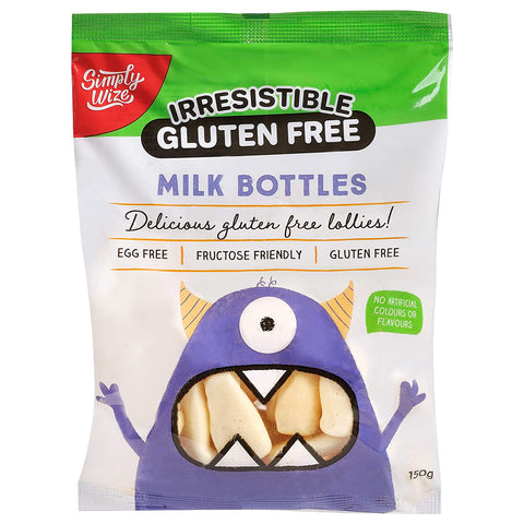 One bag of Simply Wize Irresistible Gluten Free Milk Bottles lollies. These delicious, soft and chewy jelly lollies are free from gluten, egg free and fructose friendly.