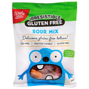 One bag of Simply Wize Irresistible Gluten Free Sour Mix lollies. Soft and chewy jelly lollies that are rolled in sour sugar crystals. Egg free, coeliac safe and fructose friendly, kids will love these delicious free from lollies.