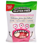 Bag of Simply Wize Irresistible Gluten Free Strawberries & Cream lollies. Delicious, soft and chewy jelly lollies that are free from egg and fructose friendly.