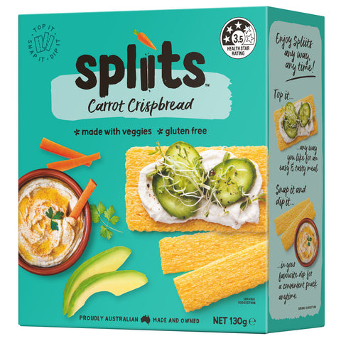 Spliits Gluten Free Carrot Crispbread, picture of front and right side of box.