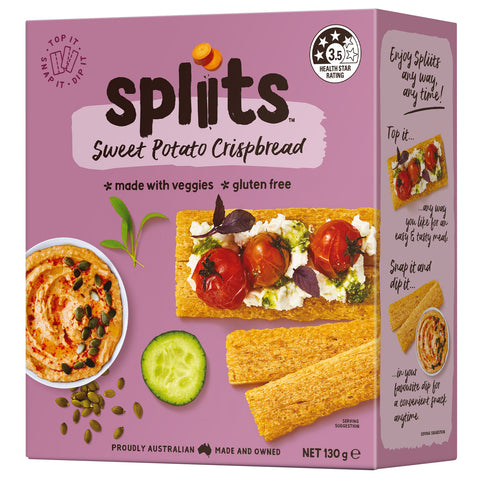 Spliits Gluten Free Sweet Potato Crispbread, picture of front and right side of box.
