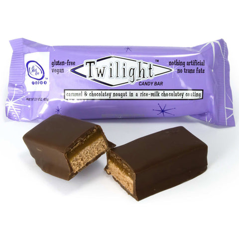 Go Max Go Twilight Vegan Caramel and Nougat Bar coated in dairy free chocolate.