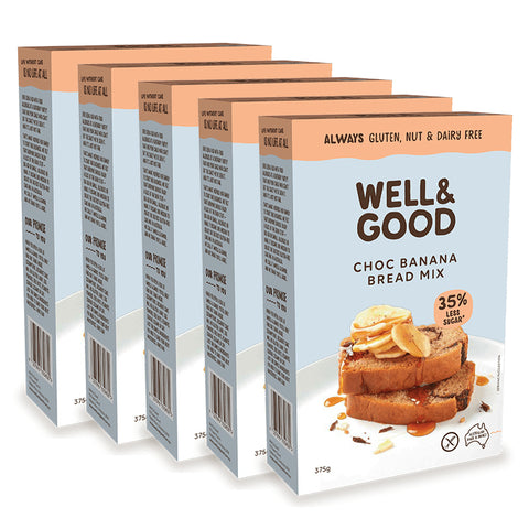 One carton contains 5 individual boxes of Well & Good Gluten Free Choc Banana Bread Mix.