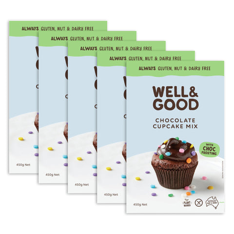 5 boxes of Well & Good gluten free Chocolate Cupcake Mix.