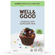 Front of box of Well & Good dairy free Chocolate Cupcake Mix.