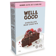 Front and left side view of box of Well & Good gluten free Chocolate Mudcake Mix.