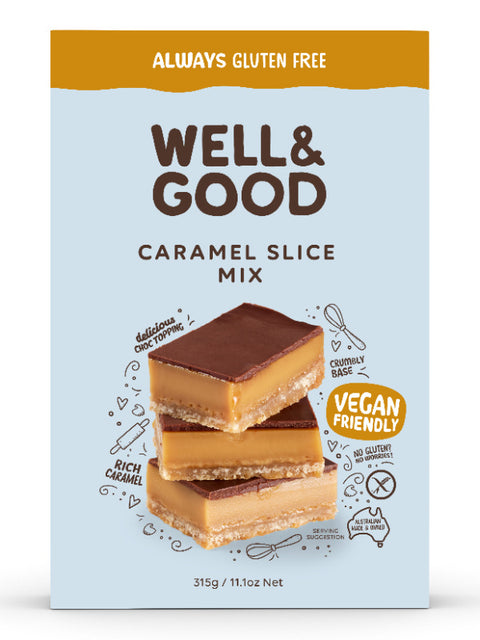 Well & Good Caramel Slice Mix. Blue box containing gluten free baking mix.