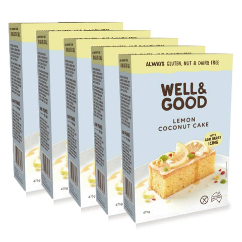 Carton of Well & Good Lemon Coconut Cake containing 5 individual boxes.