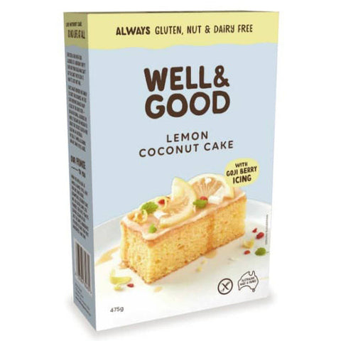 Front and side of box of Well & Good Lemon Coconut Cake.