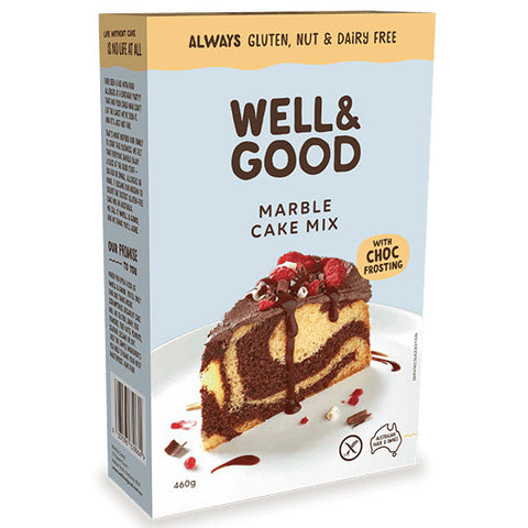 Front and right side of box of Well & Good Gluten Free Marble Cake Mix.