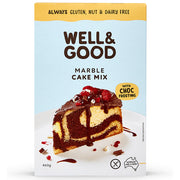 Front of box of Well & Good Gluten Free Marble Cake Mix with Choc Frosting.