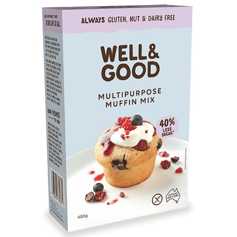 Front and side of box of Well & Good vegan Multipurpose Muffin Mix.