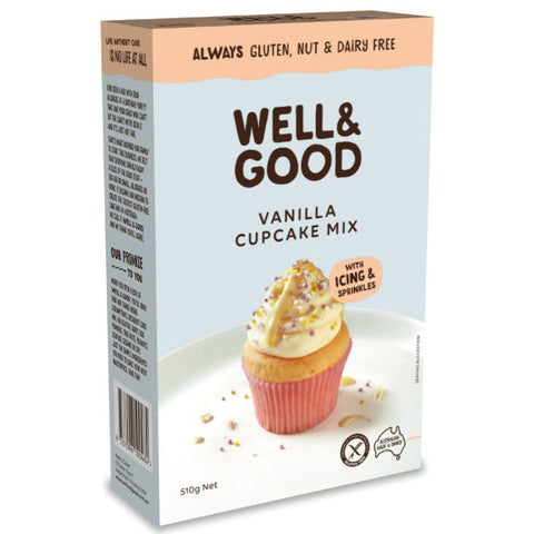 Well & Good Vanilla Cupcake Mix with Icing & Sprinkles, image of front and side of box.